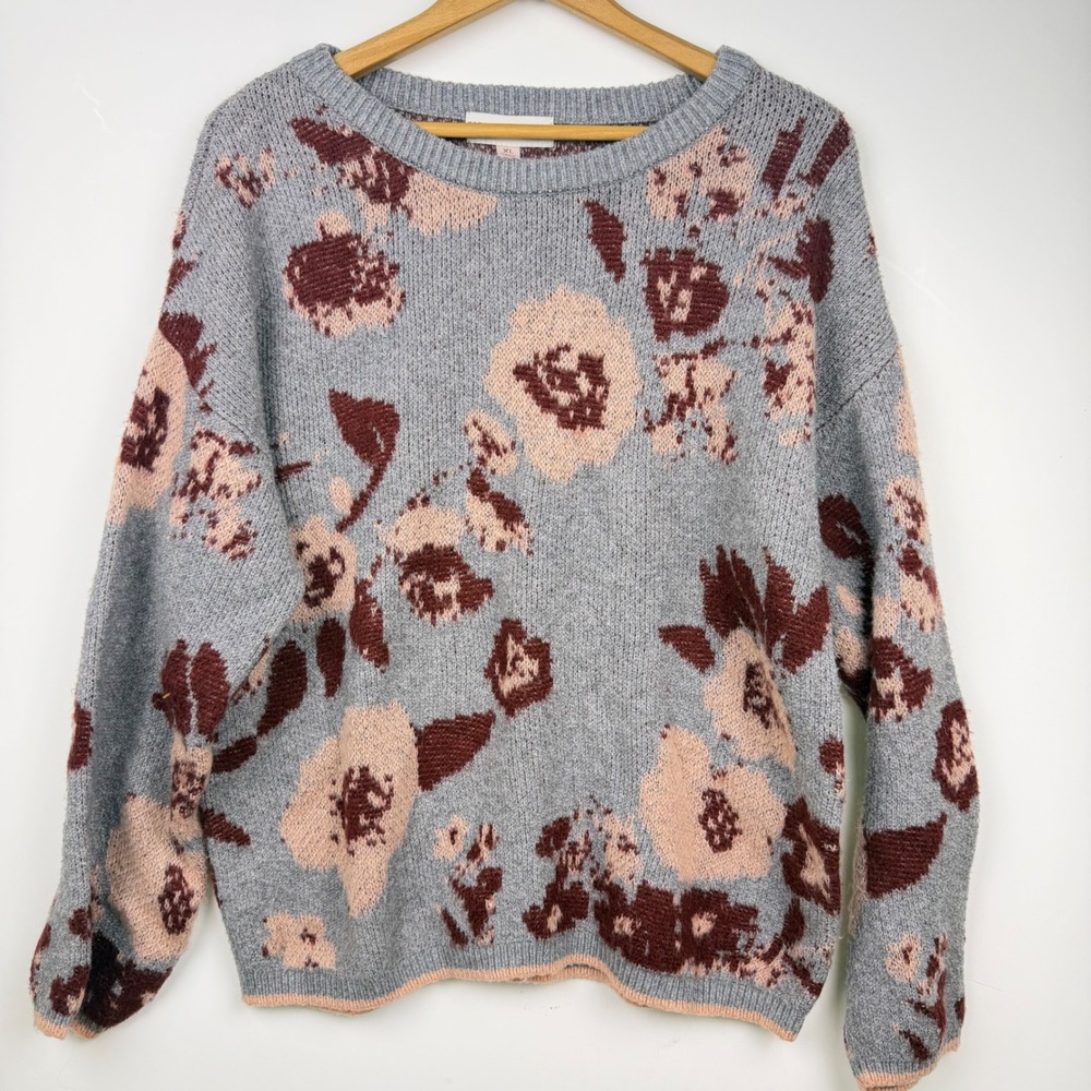 Knox Rose Floral Maroon Pink Floral Crewneck Sweater Grey Loose Fit Soft XL